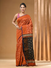Load image into Gallery viewer, Orange Cotton Handwoven Saree With Floral Designs