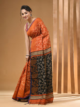 Load image into Gallery viewer, Orange Cotton Handwoven Saree With Floral Designs