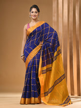 Load image into Gallery viewer, Blue And Yellow Cotton Handwoven Saree With Check Box Pattern
