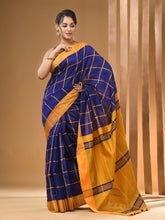 Load image into Gallery viewer, Blue And Yellow Cotton Handwoven Saree With Check Box Pattern