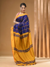 Load image into Gallery viewer, Blue And Yellow Cotton Handwoven Saree With Check Box Pattern