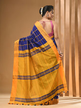 Load image into Gallery viewer, Blue And Yellow Cotton Handwoven Saree With Check Box Pattern