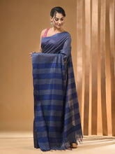 Load image into Gallery viewer, Grey Silk Handwoven Saree With Stripes Pattern