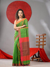 Load image into Gallery viewer, Parrot Green Cotton Soft Saree With Kantha Style