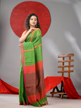 Load image into Gallery viewer, Parrot Green Cotton Soft Saree With Kantha Style