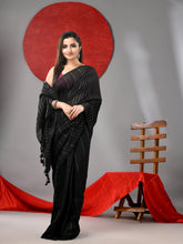 Load image into Gallery viewer, Black Cotton Soft Saree With Stripes Designs