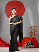 Load image into Gallery viewer, Black Cotton Soft Saree With Stripe Designs
