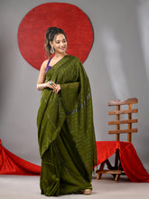 Load image into Gallery viewer, Moss Green Cotton Soft Saree With Stripe Designs