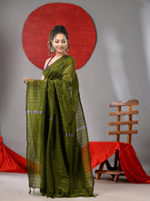 Load image into Gallery viewer, Moss Green Cotton Soft Saree With Stripe Designs