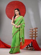 Load image into Gallery viewer, Parrot Green Cotton Soft Saree With Checked Box Border