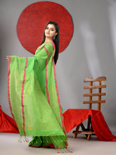 Load image into Gallery viewer, Parrot Green Cotton Soft Saree With Checked Box Border