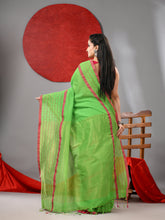 Load image into Gallery viewer, Parrot Green Cotton Soft Saree With Checked Box Border