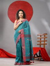 Load image into Gallery viewer, Teal Linen Saree With Woven Designs