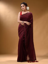 Load image into Gallery viewer, Maroon Cotton Handspun Soft Saree With Pompom