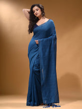 Load image into Gallery viewer, Yale Blue Cotton Handspun Soft Saree With Pompom