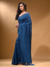 Load image into Gallery viewer, Yale Blue Cotton Handspun Soft Saree With Pompom