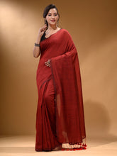 Load image into Gallery viewer, Red Cotton Handspun Soft Saree With Pompom