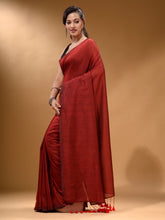 Load image into Gallery viewer, Red Cotton Handspun Soft Saree With Pompom