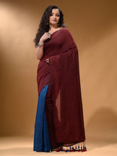 Load image into Gallery viewer, Maroon And Sapphire Blue Half N Half Cotton Handspun Soft Saree With Pompom