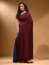 Load image into Gallery viewer, Maroon And Sapphire Blue Half N Half Cotton Handspun Soft Saree With Pompom