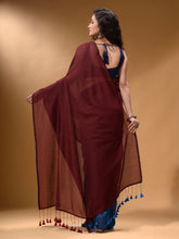 Load image into Gallery viewer, Maroon And Sapphire Blue Half N Half Cotton Handspun Soft Saree With Pompom