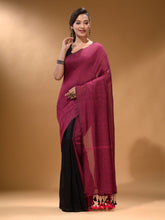 Load image into Gallery viewer, Magenta Black Half N Half Cotton Handspun Soft Saree With Pompom