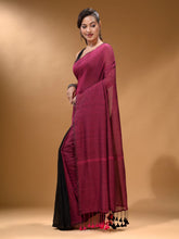 Load image into Gallery viewer, Magenta Black Half N Half Cotton Handspun Soft Saree With Pompom