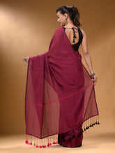 Load image into Gallery viewer, Magenta Black Half N Half Cotton Handspun Soft Saree With Pompom