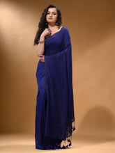 Load image into Gallery viewer, Midnight Blue Cotton Handspun Soft Saree With Pompom