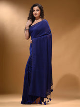 Load image into Gallery viewer, Midnight Blue Cotton Handspun Soft Saree With Pompom