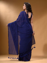 Load image into Gallery viewer, Midnight Blue Cotton Handspun Soft Saree With Pompom