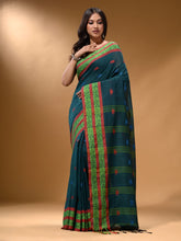 Load image into Gallery viewer, Teal Cotton Handspun Soft Saree With Nakshi Border