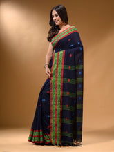 Load image into Gallery viewer, Navy Blue Cotton Handspun Soft Saree With Nakshi Border