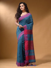 Load image into Gallery viewer, Olympic Blue Cotton Handspun Soft Saree With Pompom