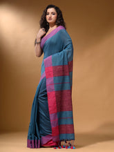 Load image into Gallery viewer, Olympic Blue Cotton Handspun Soft Saree With Pompom