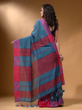 Load image into Gallery viewer, Olympic Blue Cotton Handspun Soft Saree With Pompom