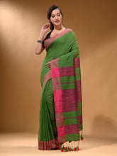 Load image into Gallery viewer, Green Cotton Handspun Soft Saree With Pompom