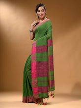 Load image into Gallery viewer, Green Cotton Handspun Soft Saree With Pompom