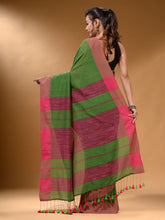 Load image into Gallery viewer, Green Cotton Handspun Soft Saree With Pompom
