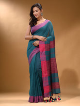 Load image into Gallery viewer, Teal Cotton Handspun Soft Saree With Pompom