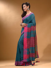Load image into Gallery viewer, Teal Cotton Handspun Soft Saree With Pompom
