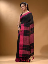 Load image into Gallery viewer, Black Cotton Handspun Soft Saree With Pompom