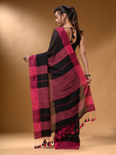 Load image into Gallery viewer, Black Cotton Handspun Soft Saree With Pompom