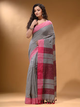Load image into Gallery viewer, Grey Cotton Handspun Soft Saree With Pompom