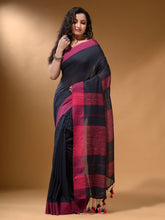 Load image into Gallery viewer, Charcoal Cotton Handspun Soft Saree With Pompom