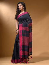 Load image into Gallery viewer, Charcoal Cotton Handspun Soft Saree With Pompom