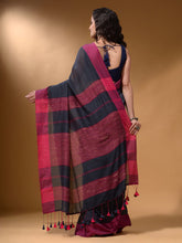 Load image into Gallery viewer, Charcoal Cotton Handspun Soft Saree With Pompom