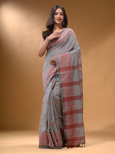 Load image into Gallery viewer, Grey Cotton Handspun Soft Saree With Geometric Border