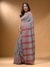 Load image into Gallery viewer, Grey Cotton Handspun Soft Saree With Geometric Border