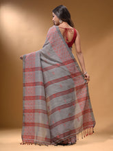 Load image into Gallery viewer, Grey Cotton Handspun Soft Saree With Geometric Border